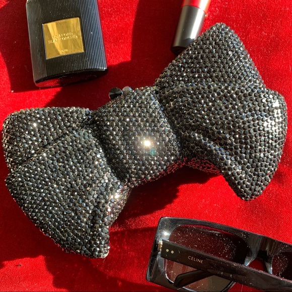 New Black Rhinestone Bow Minaudiére Clutch Evening Bag - Picture 1 of 10